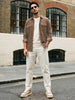 Men's Taupe Corduroy Full Sleeve Regular Fit Solid Overshirt with Utility Pockets