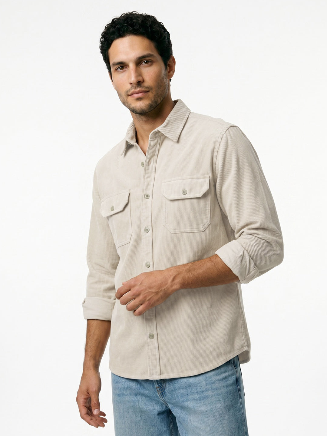 Men's White Corduroy Full Sleeve Regular Fit Solid Overshirt with Utility Pockets