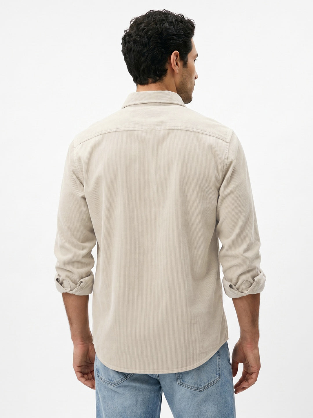 Men's White Corduroy Full Sleeve Regular Fit Solid Overshirt with Utility Pockets