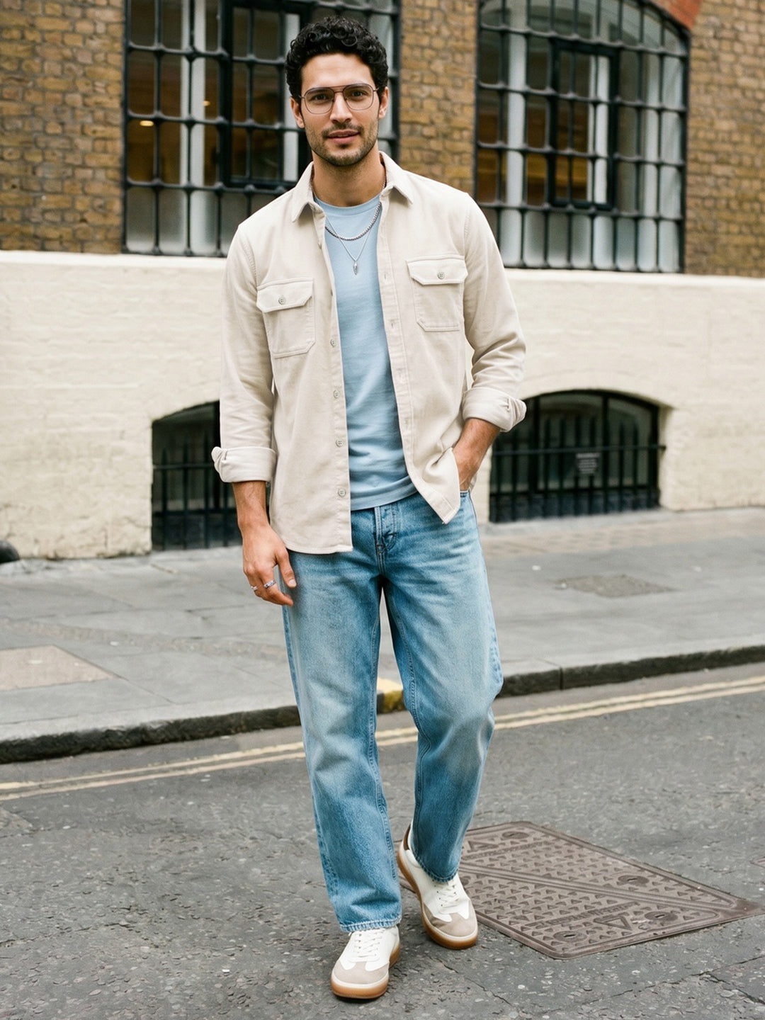 Men's White Corduroy Full Sleeve Regular Fit Solid Overshirt with Utility Pockets