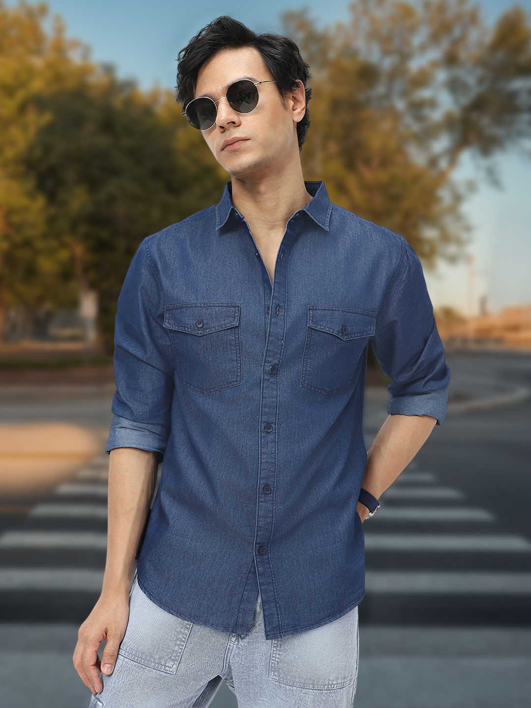 Men's Dark Blue Full Sleeve Regular Fit Casual Denim Shirt