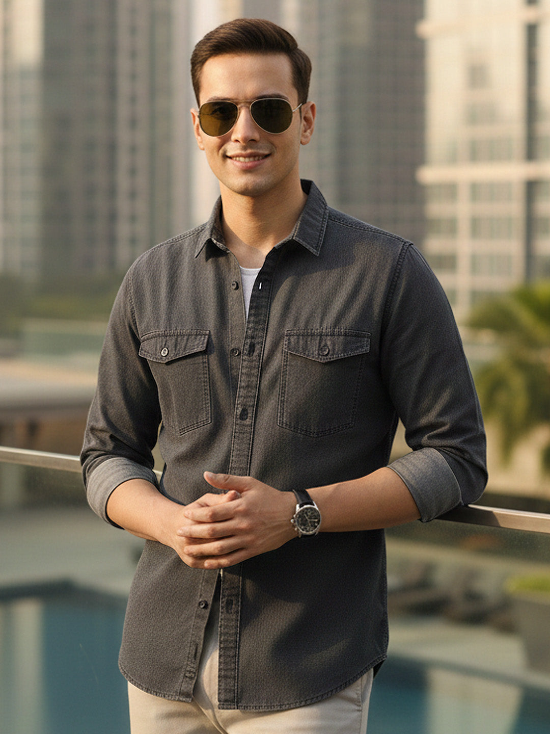 Men's Dark Grey Full Sleeve Regular Fit Casual Denim Shirt