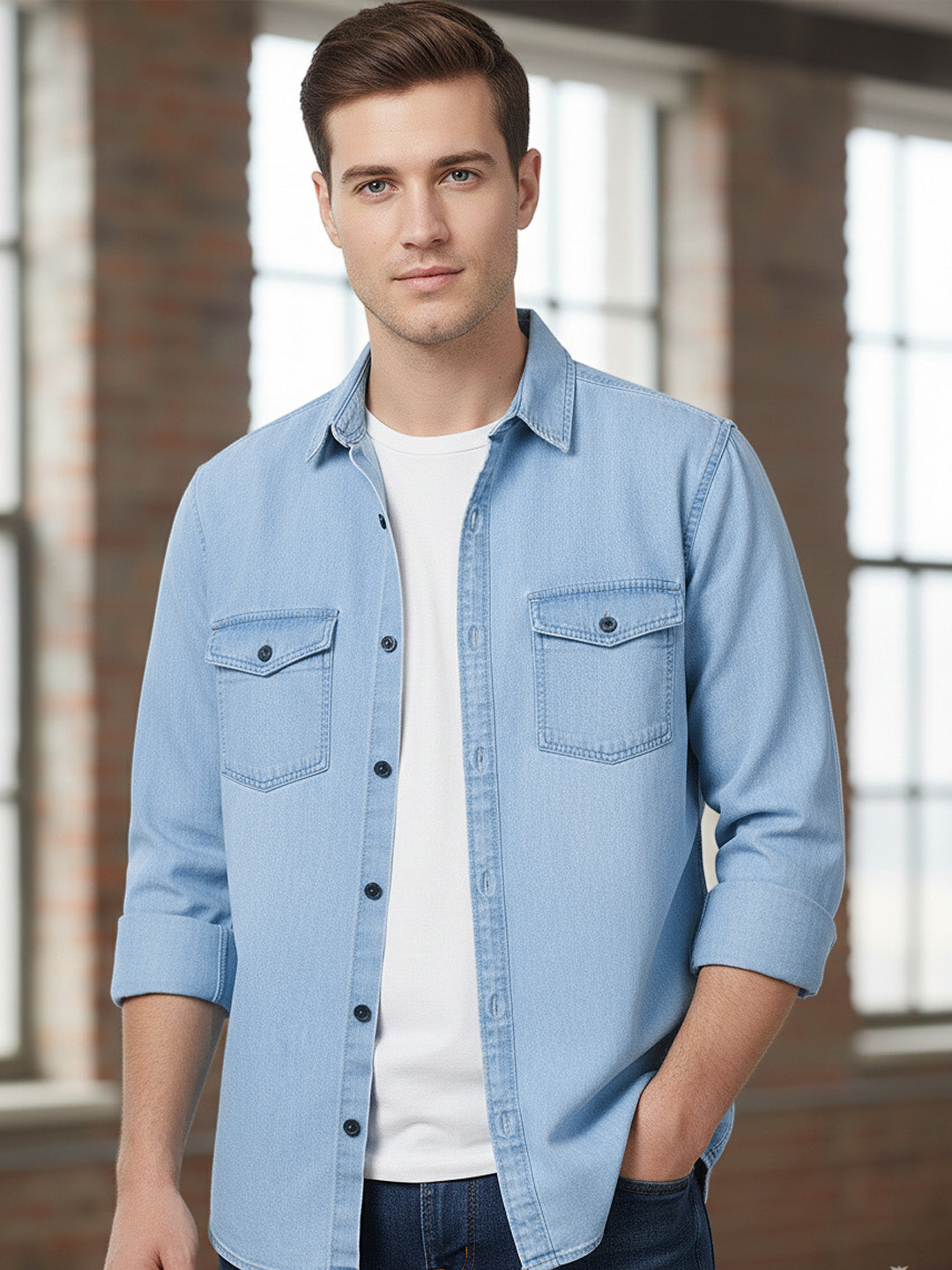 Men's Ice Blue Full Sleeve Regular Fit Casual Denim Shirt