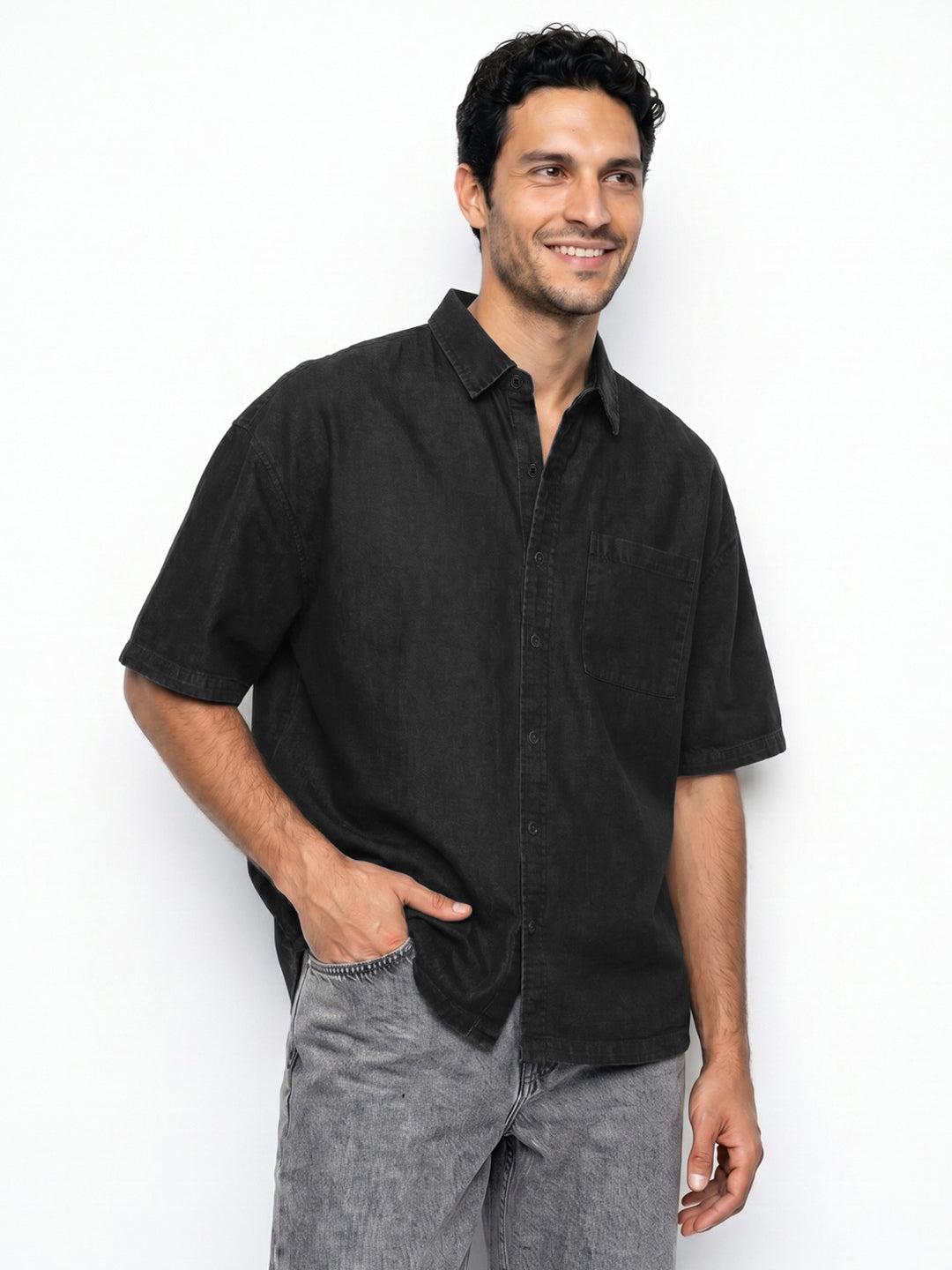 Men's Black Oversized Fit Half Sleeve Solid Casual Denim Shirt