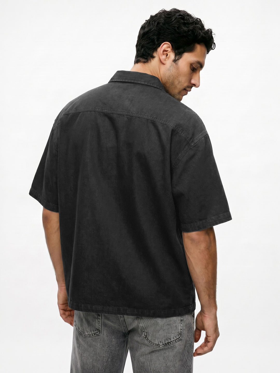 Men's Black Oversized Fit Half Sleeve Solid Casual Denim Shirt