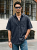 Men's Dark Blue Oversized Fit Half Sleeve Solid Casual Denim Shirt