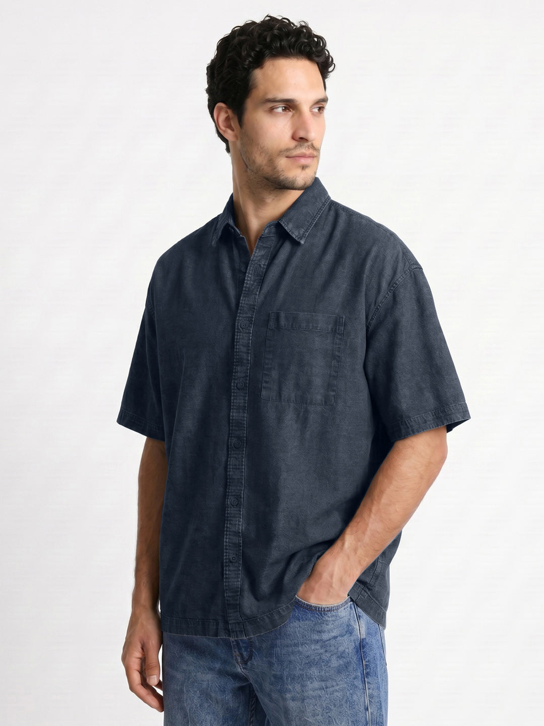 Men's Dark Blue Oversized Fit Half Sleeve Solid Casual Denim Shirt