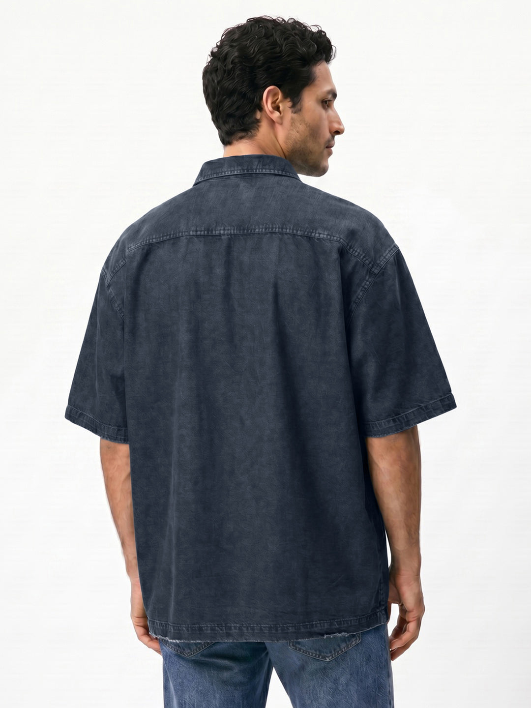Men's Dark Blue Oversized Fit Half Sleeve Solid Casual Denim Shirt