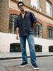 Men's Dark Blue Oversized Fit Half Sleeve Solid Casual Denim Shirt