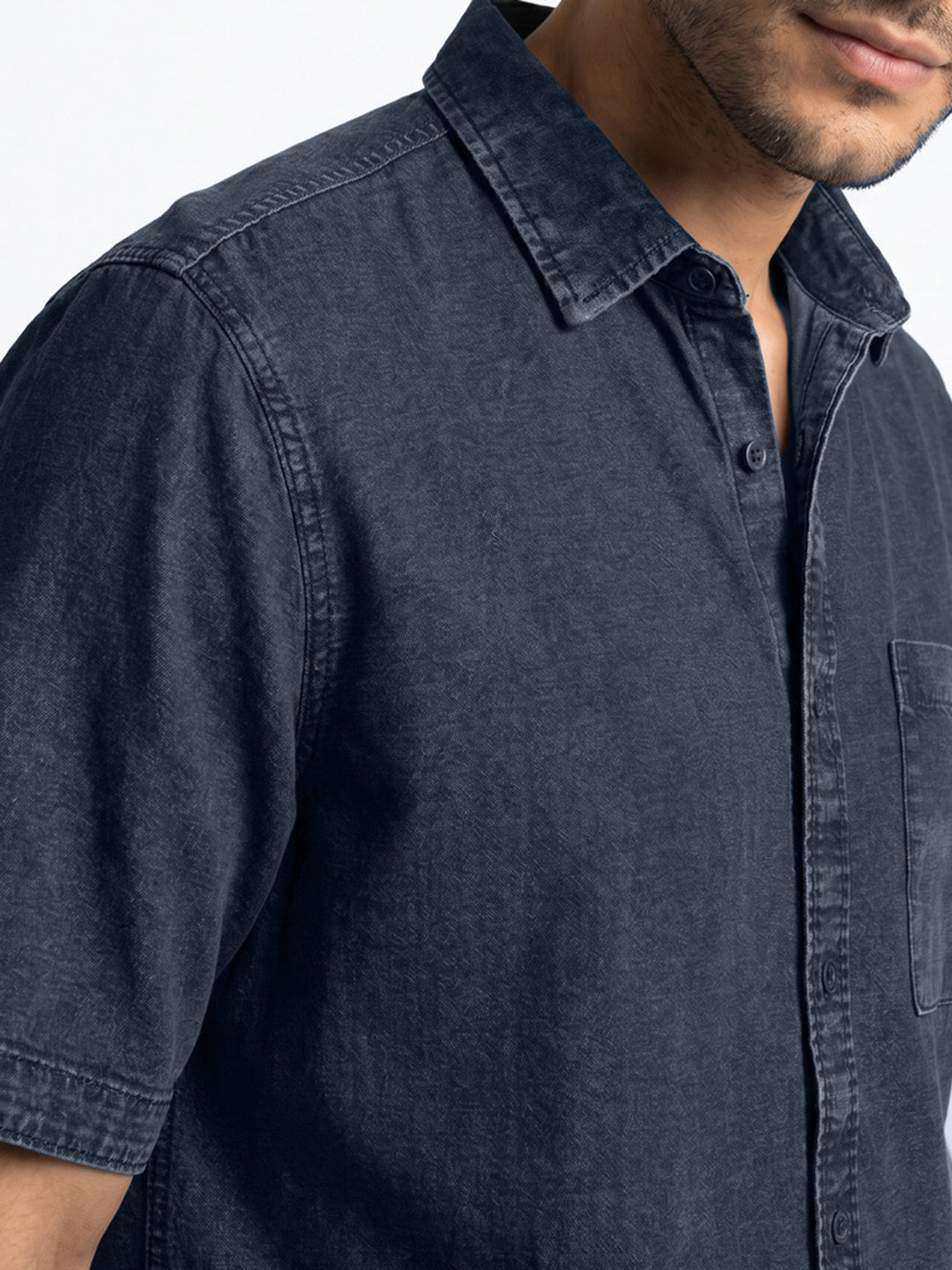 Men's Dark Blue Oversized Fit Half Sleeve Solid Casual Denim Shirt