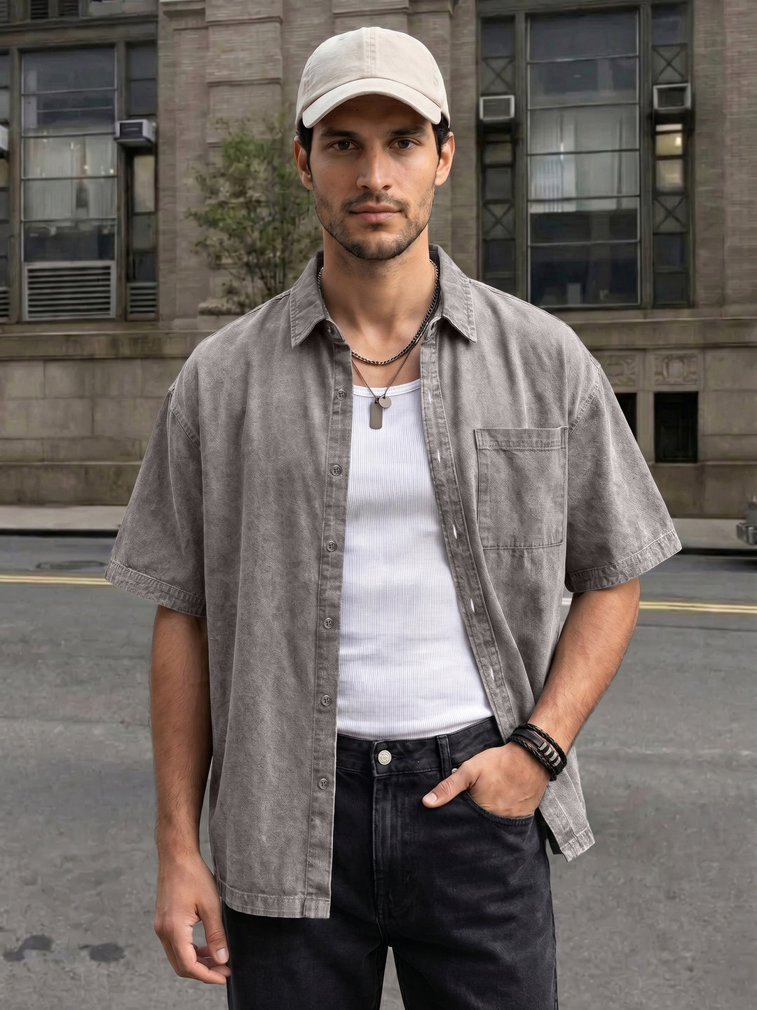 Men's Ice Grey Oversized Fit Half Sleeve Solid Casual Denim Shirt