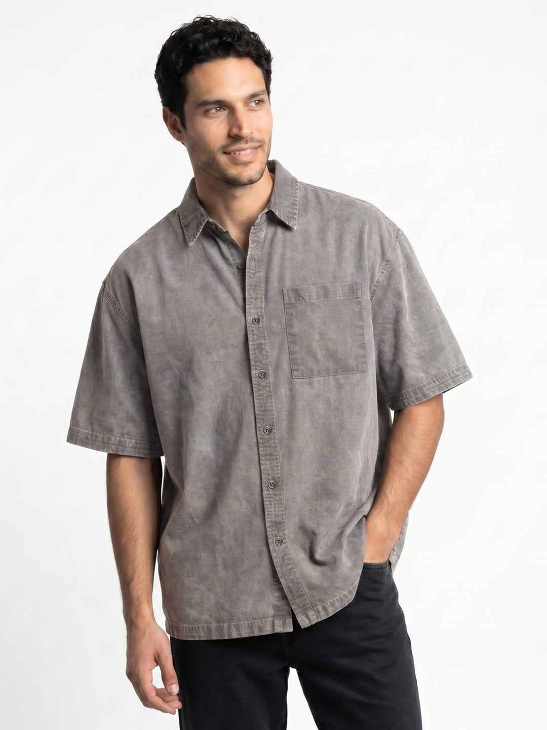 Men's Ice Grey Oversized Fit Half Sleeve Solid Casual Denim Shirt