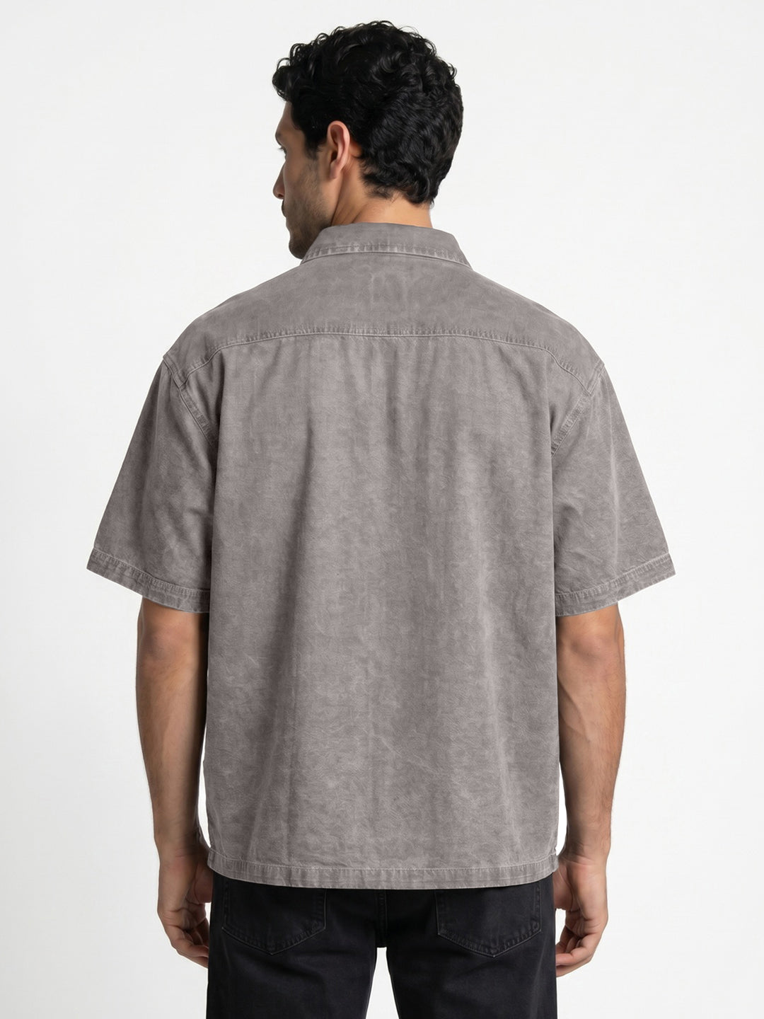 Men's Ice Grey Oversized Fit Half Sleeve Solid Casual Denim Shirt