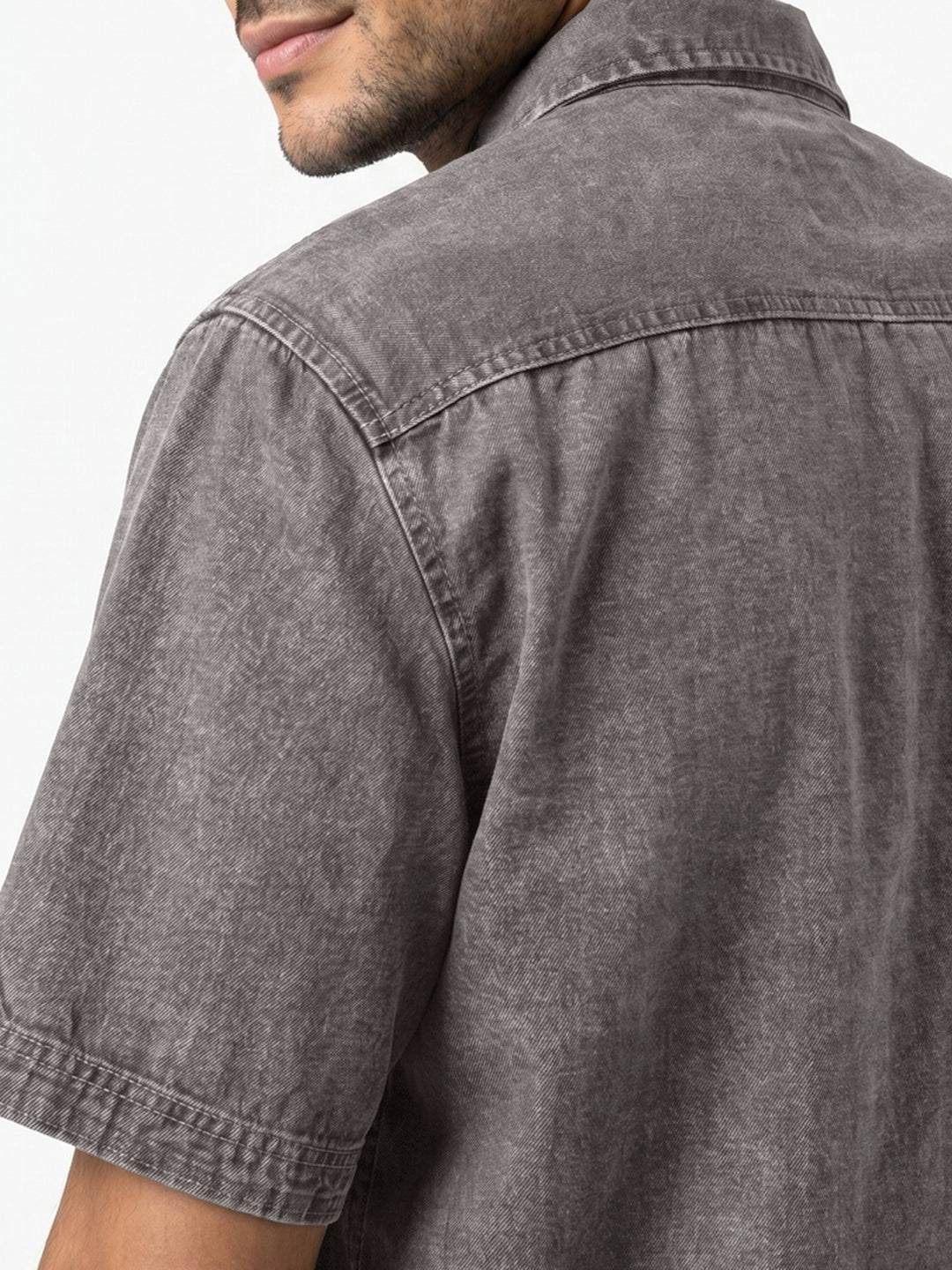 Men's Ice Grey Oversized Fit Half Sleeve Solid Casual Denim Shirt