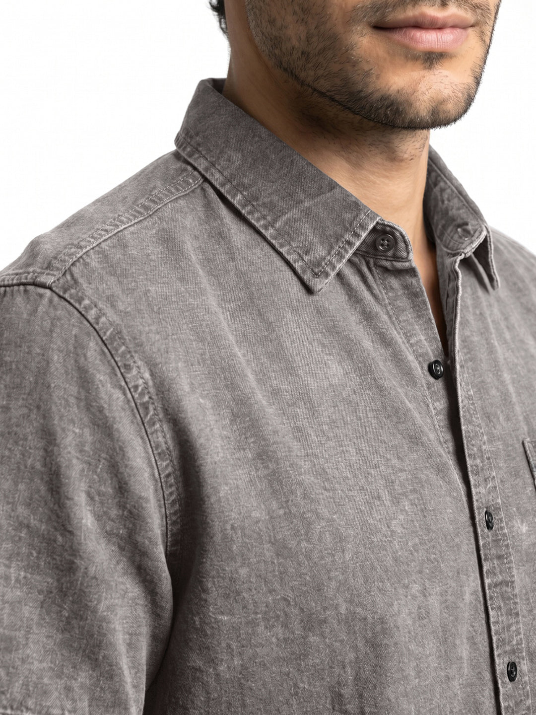 Men's Ice Grey Oversized Fit Half Sleeve Solid Casual Denim Shirt
