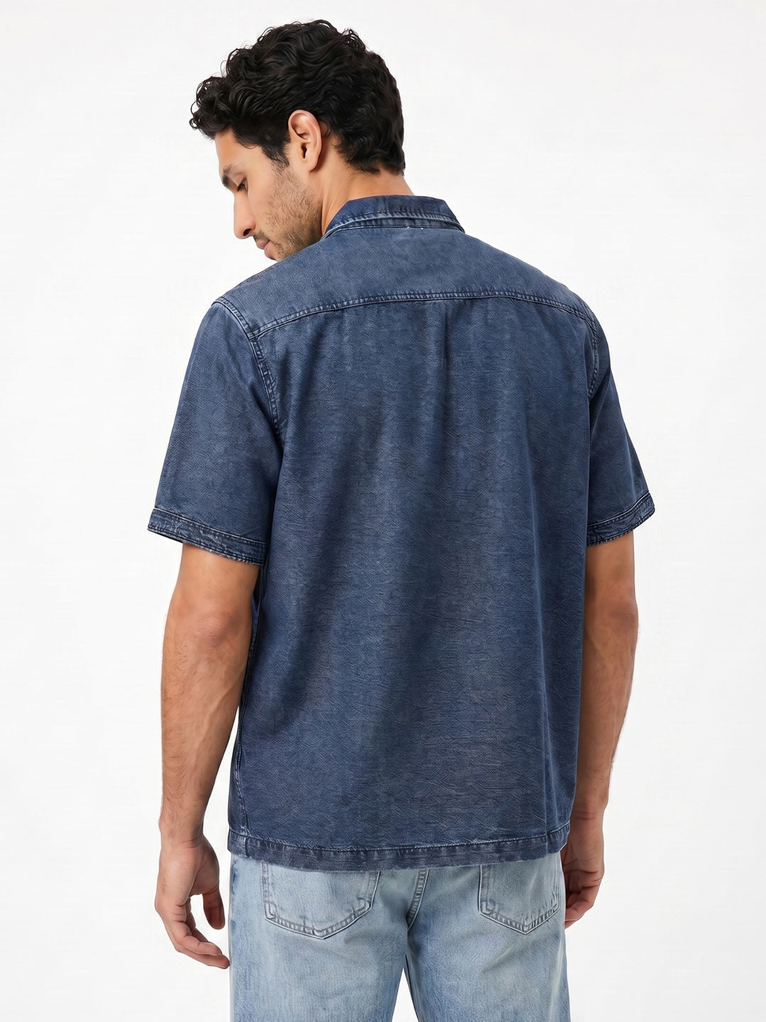 Men's Blue Oversized Fit Half Sleeve Solid Casual Denim Shirt