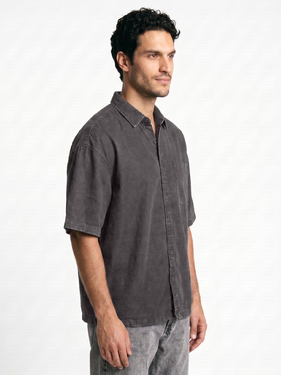 Men's Grey Oversized Fit Half Sleeve Solid Casual Denim Shirt