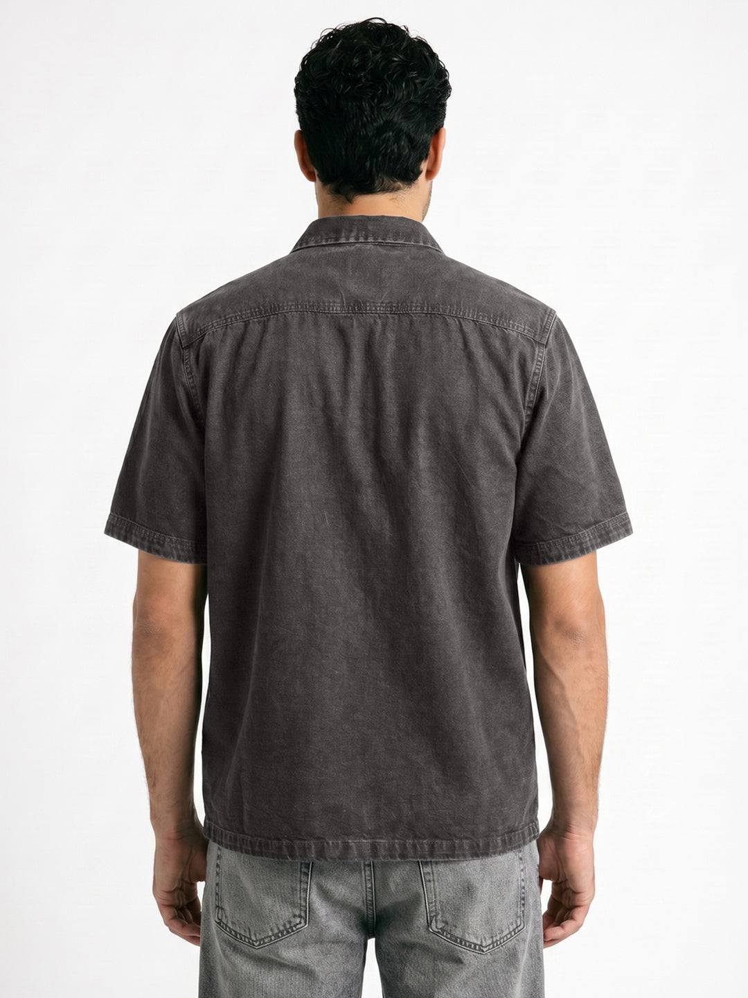 Men's Grey Oversized Fit Half Sleeve Solid Casual Denim Shirt
