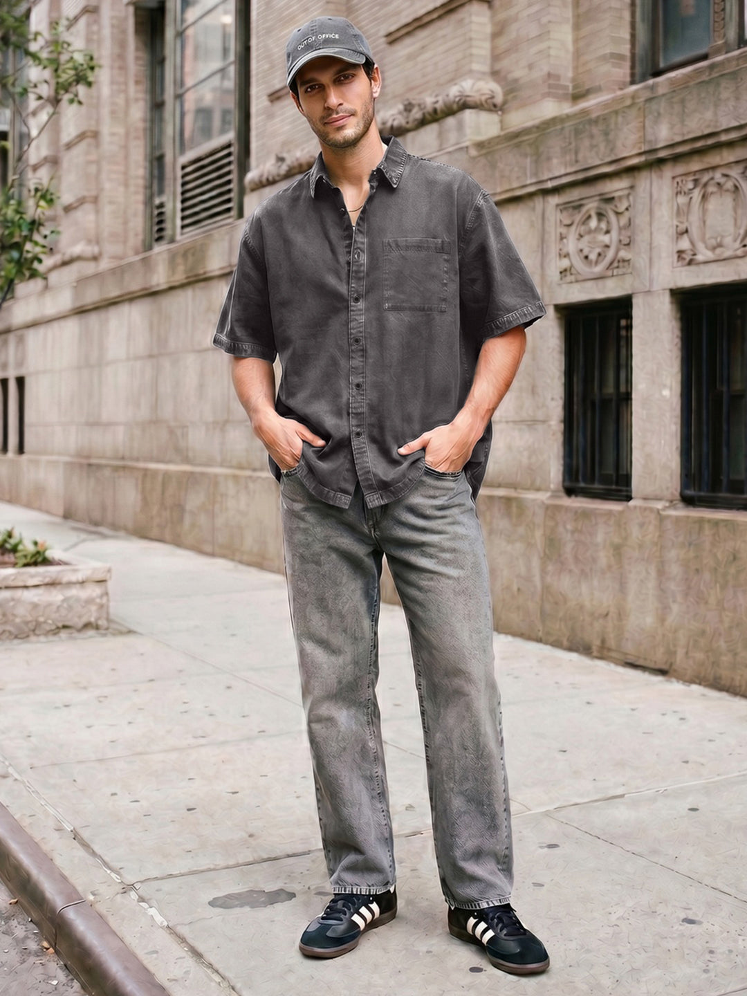 Men's Grey Oversized Fit Half Sleeve Solid Casual Denim Shirt