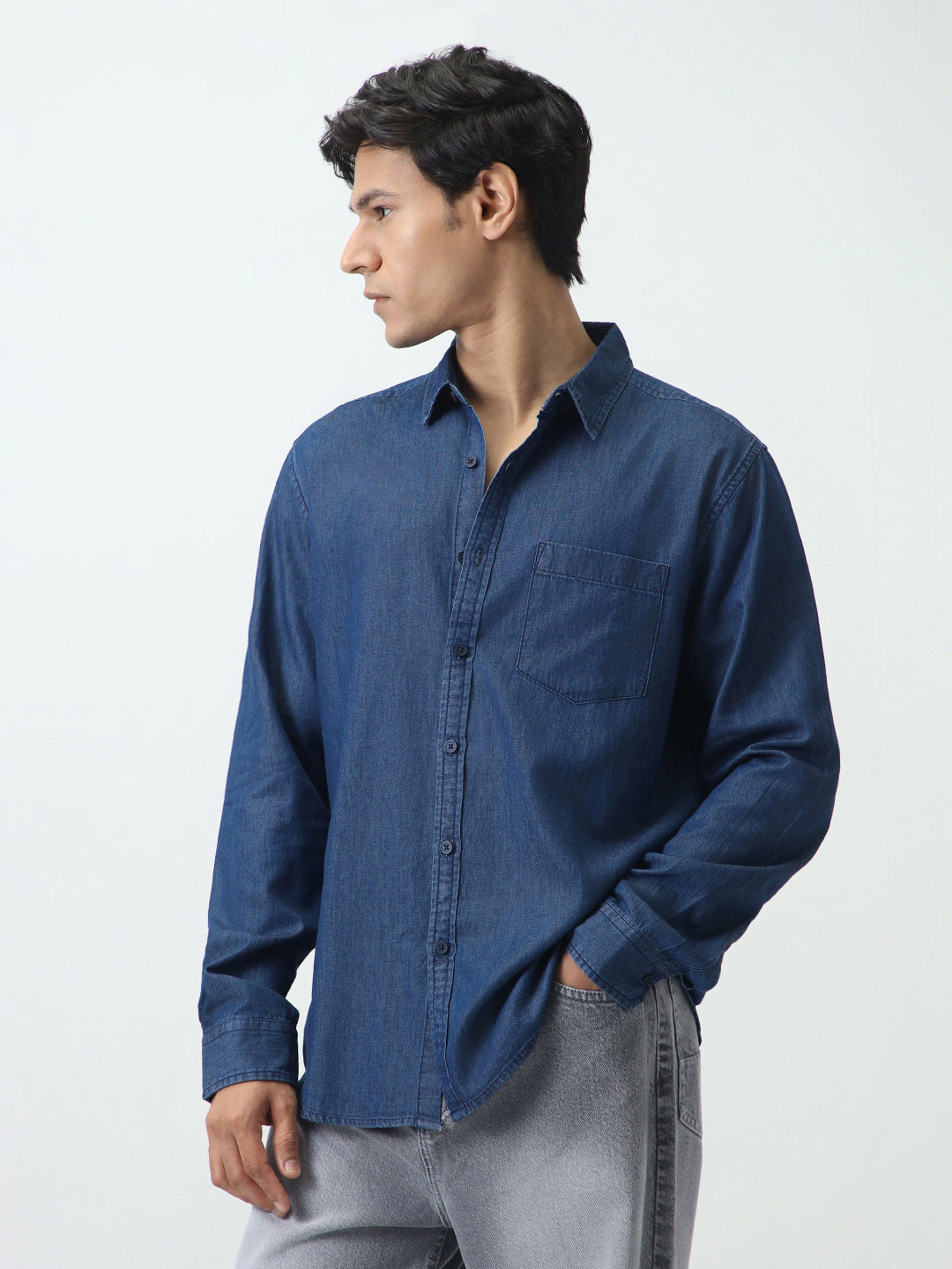Men's Dark Blue Regular Fit Full Sleeve Solid Denim Shirt