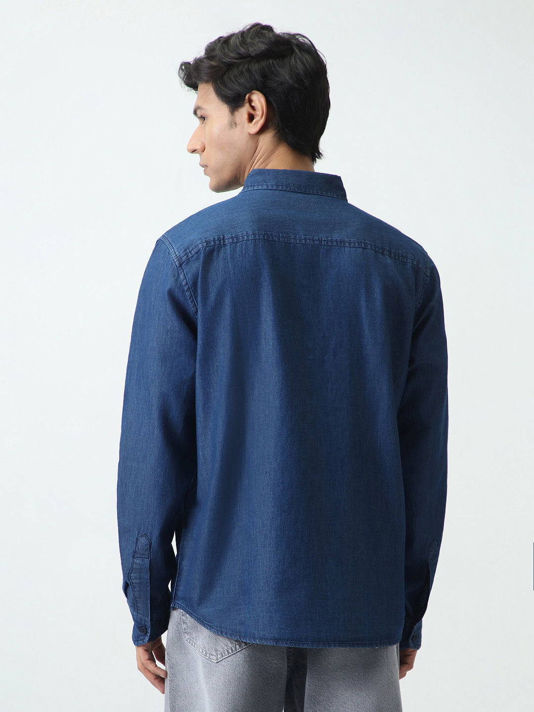 Men's Dark Blue Regular Fit Full Sleeve Solid Denim Shirt