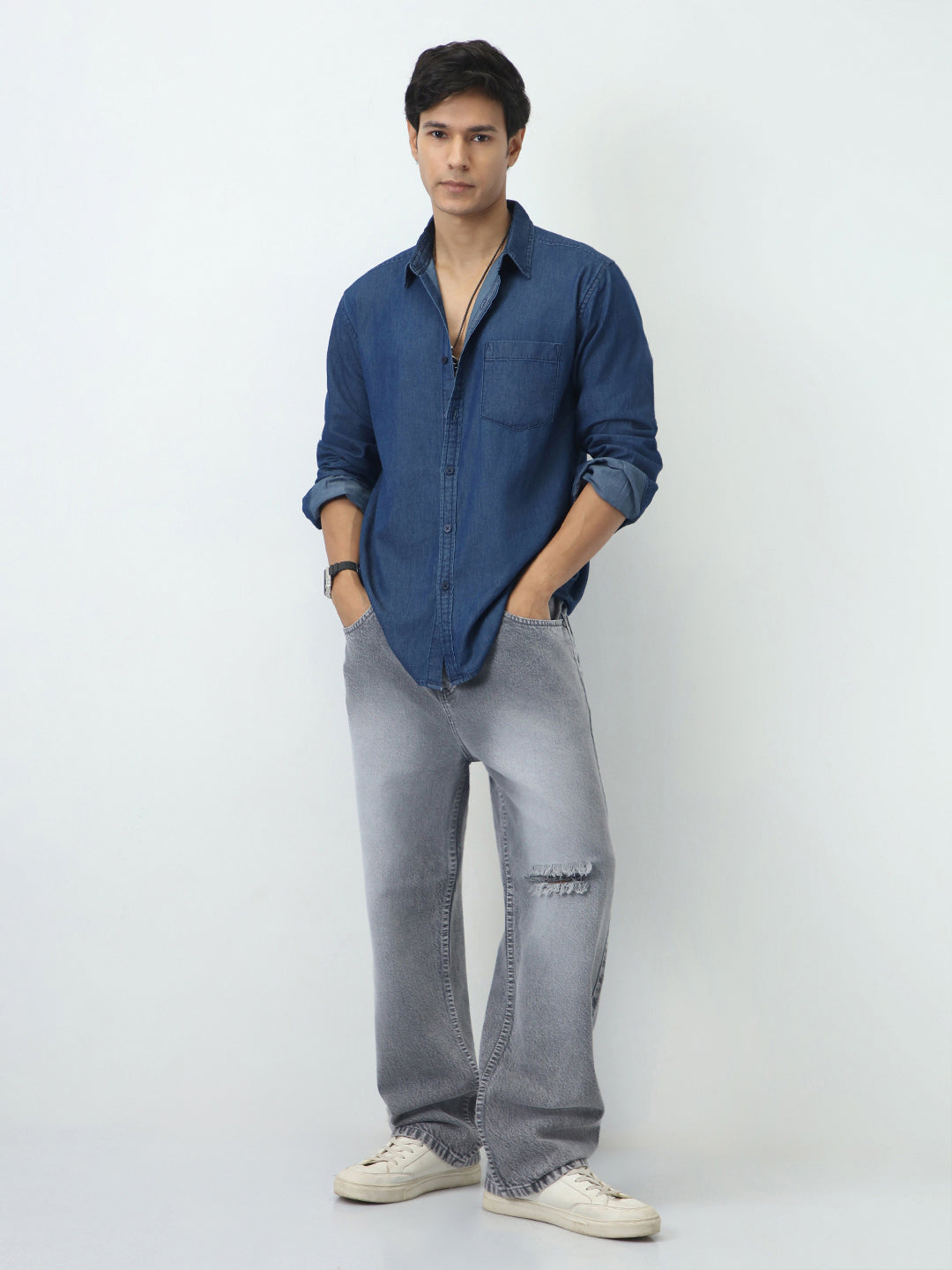 Men's Dark Blue Regular Fit Full Sleeve Solid Denim Shirt