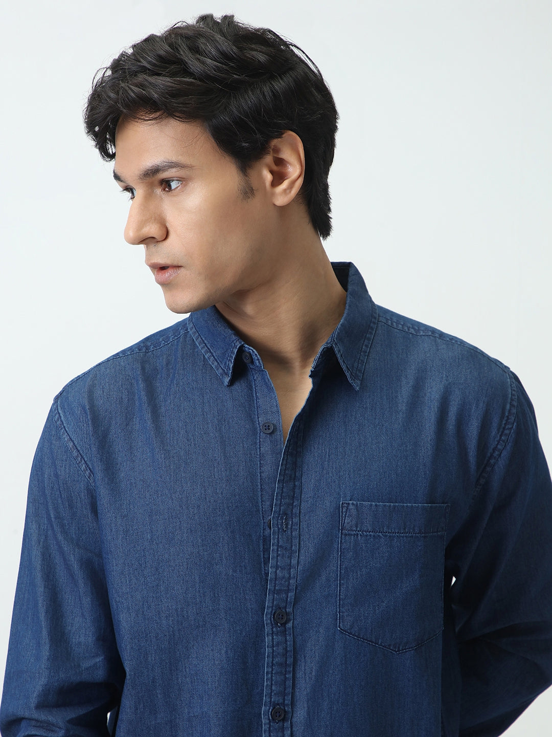 Men's Dark Blue Regular Fit Full Sleeve Solid Denim Shirt