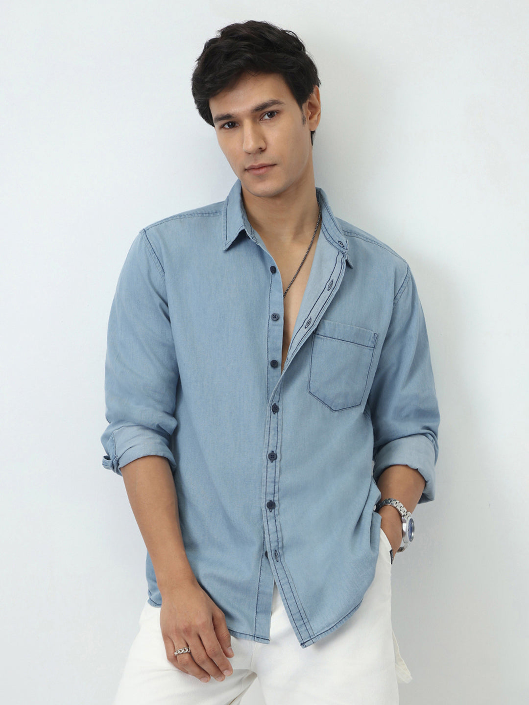 Men's Ice Blue Regular Fit Full Sleeve Solid Denim Shirt