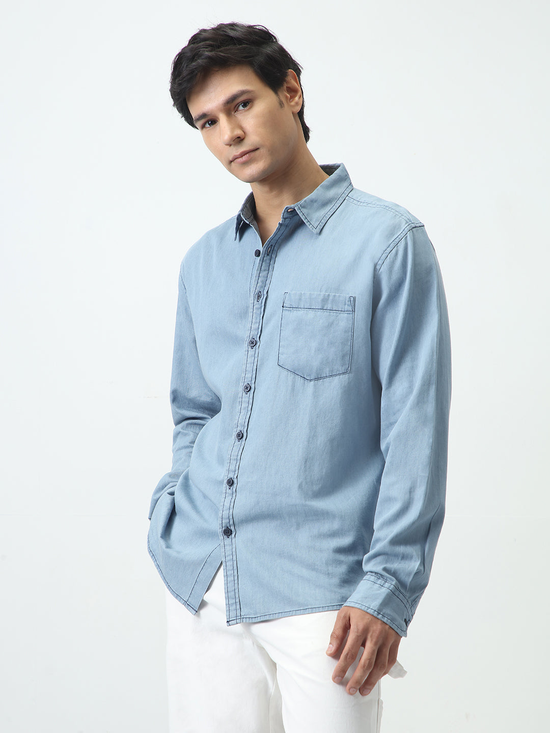 Men's Ice Blue Regular Fit Full Sleeve Solid Denim Shirt