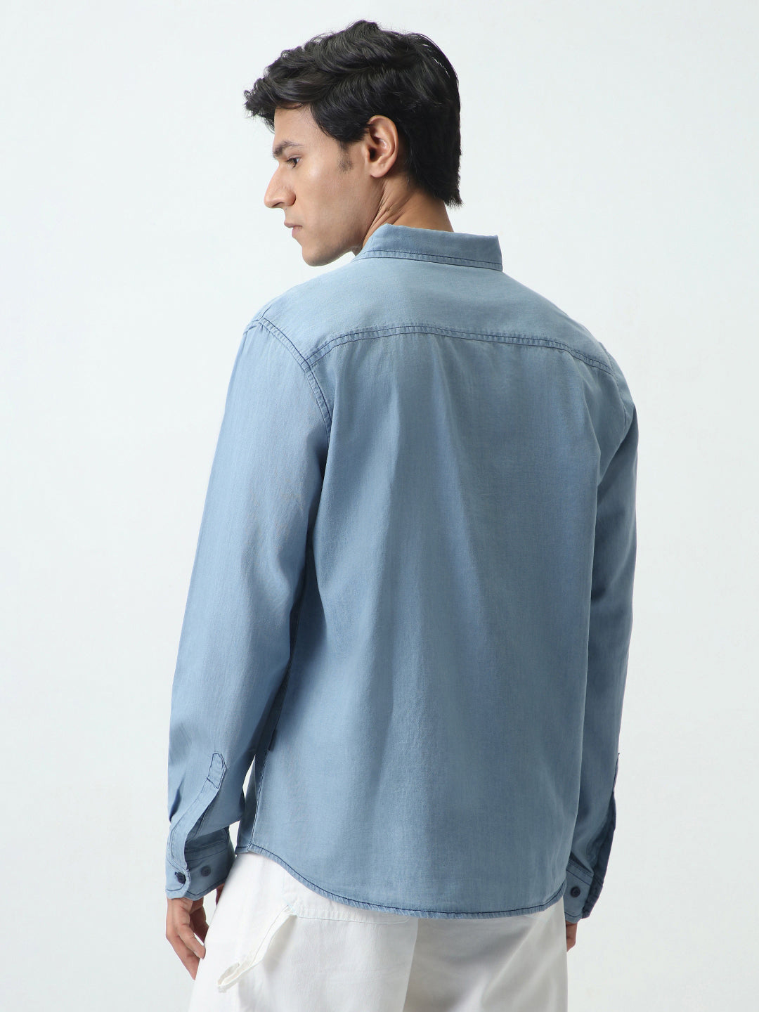 Men's Ice Blue Regular Fit Full Sleeve Solid Denim Shirt