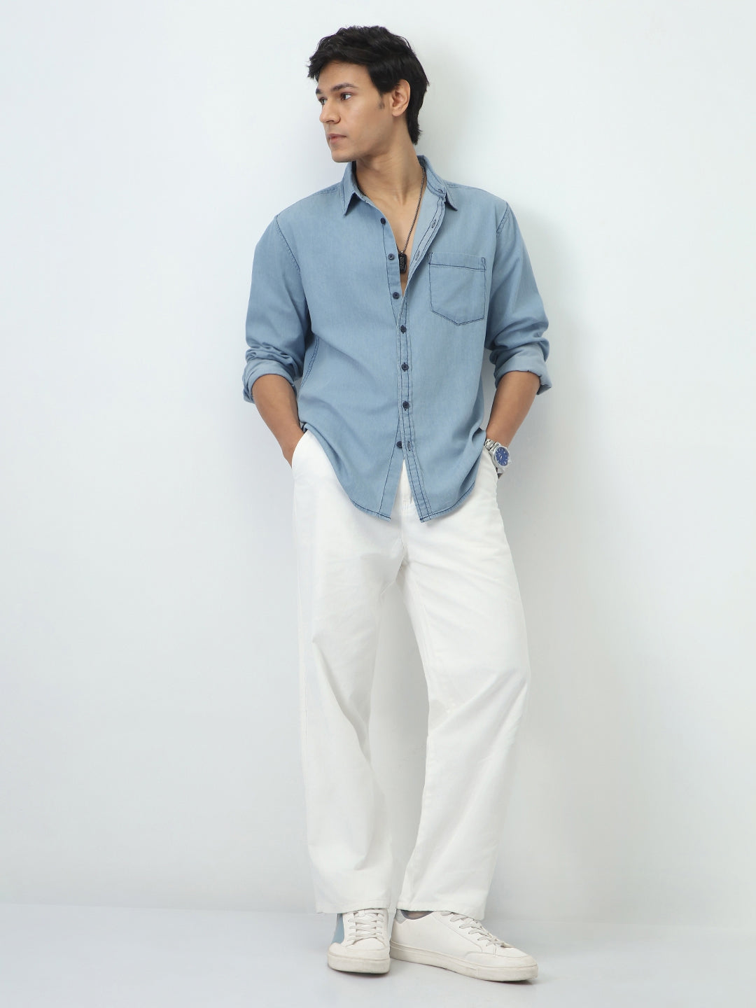 Men's Ice Blue Regular Fit Full Sleeve Solid Denim Shirt