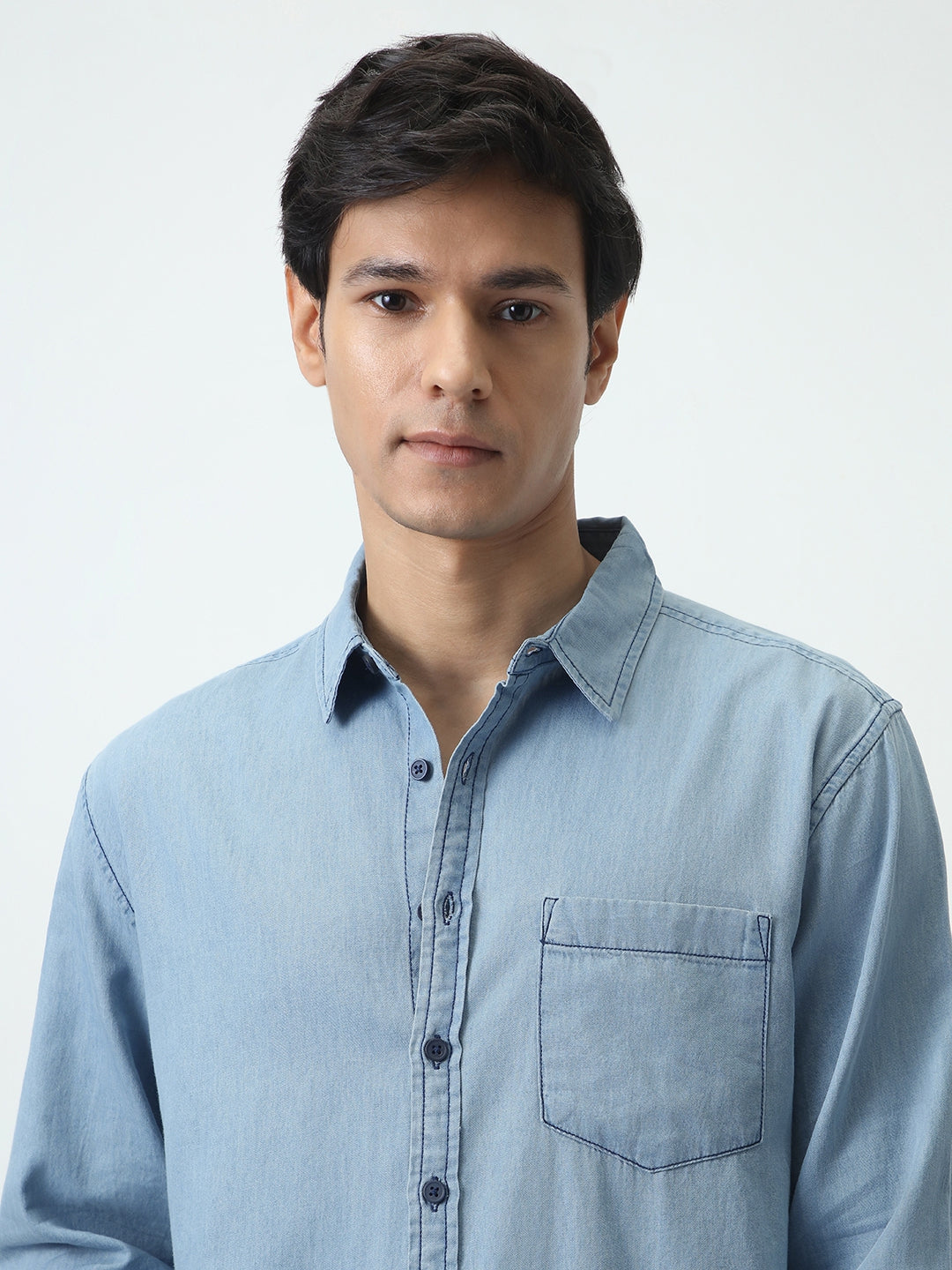 Men's Ice Blue Regular Fit Full Sleeve Solid Denim Shirt