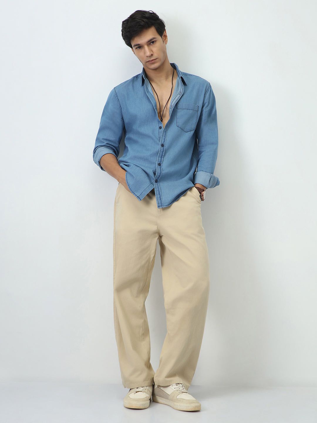 Men's Light Blue Regular Fit Full Sleeve Solid Denim Shirt