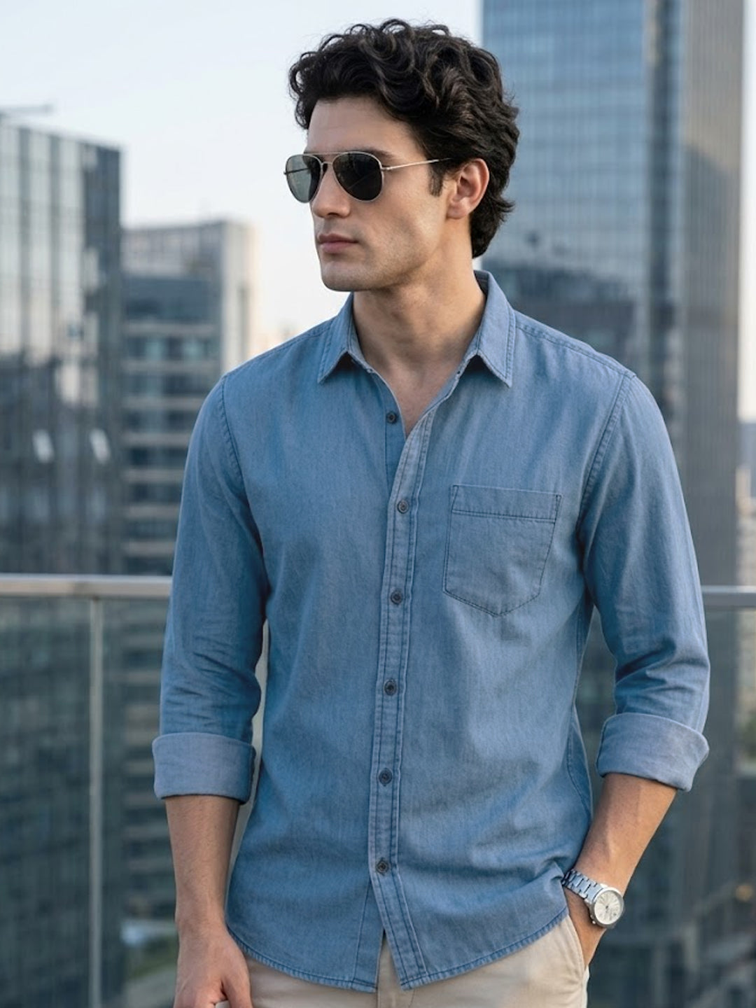 Men's Light Blue Regular Fit Full Sleeve Solid Denim Shirt