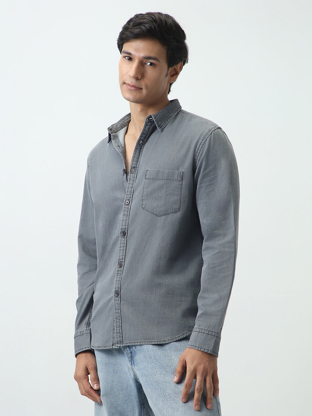 Men's Light Grey Regular Fit Full Sleeve Solid Denim Shirt