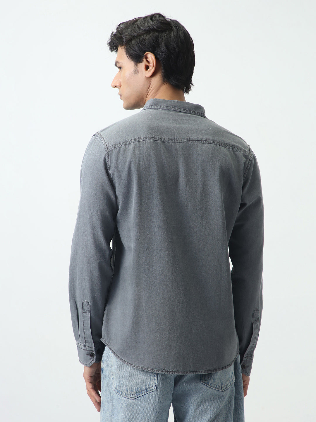Men's Light Grey Regular Fit Full Sleeve Solid Denim Shirt
