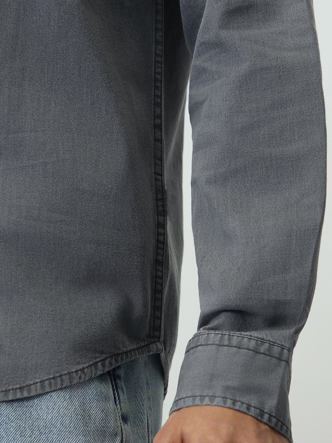 Men's Light Grey Regular Fit Full Sleeve Solid Denim Shirt