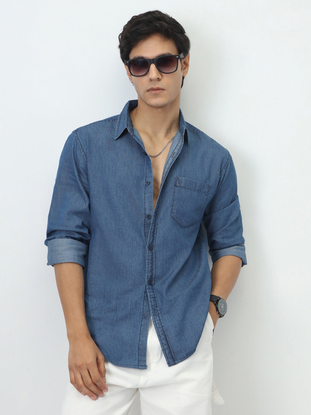 Men's Blue Regular Fit Full Sleeve Solid Denim Shirt