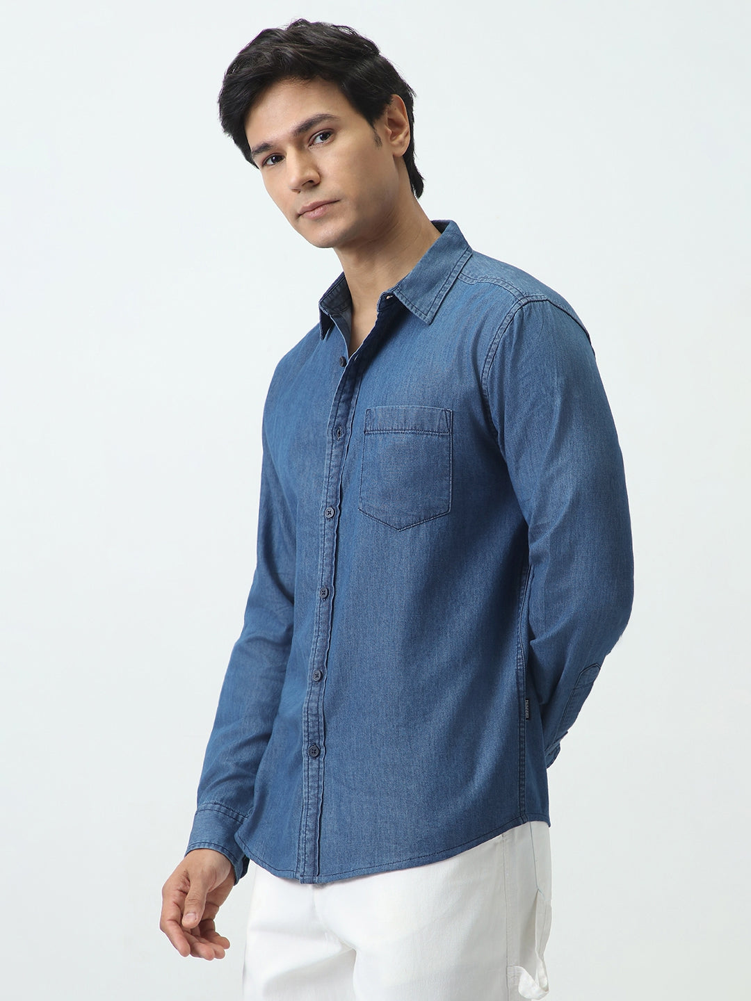 Men's Blue Regular Fit Full Sleeve Solid Denim Shirt
