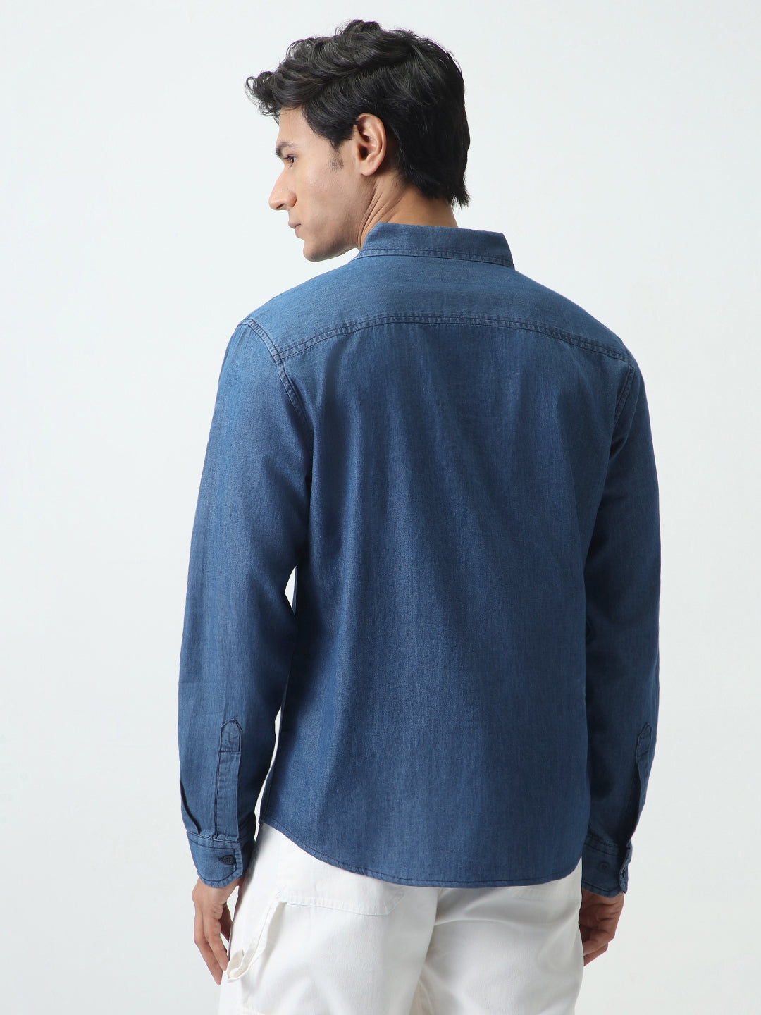 Men's Blue Regular Fit Full Sleeve Solid Denim Shirt
