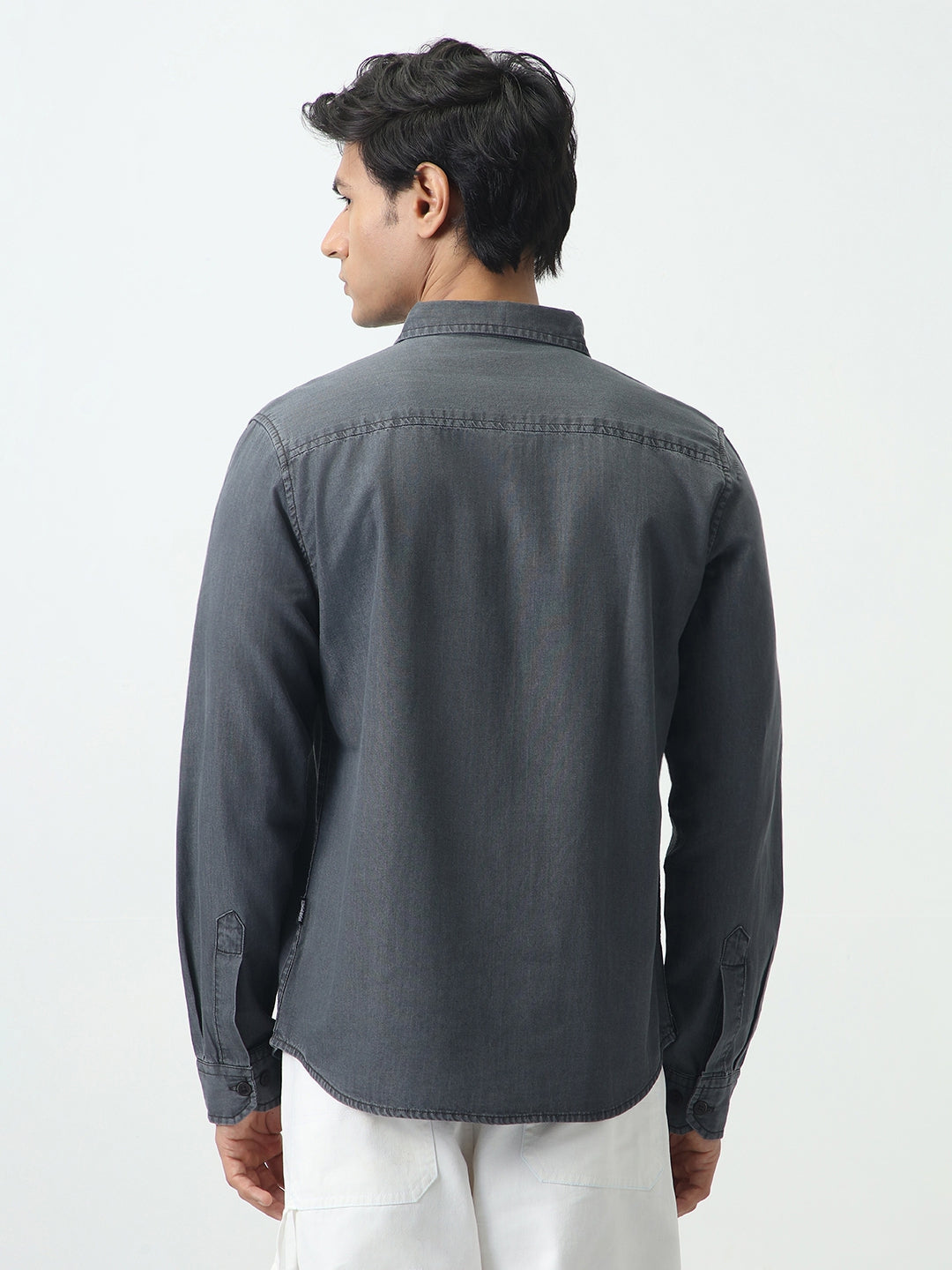 Men's Grey Regular Fit Full Sleeve Solid Denim Shirt