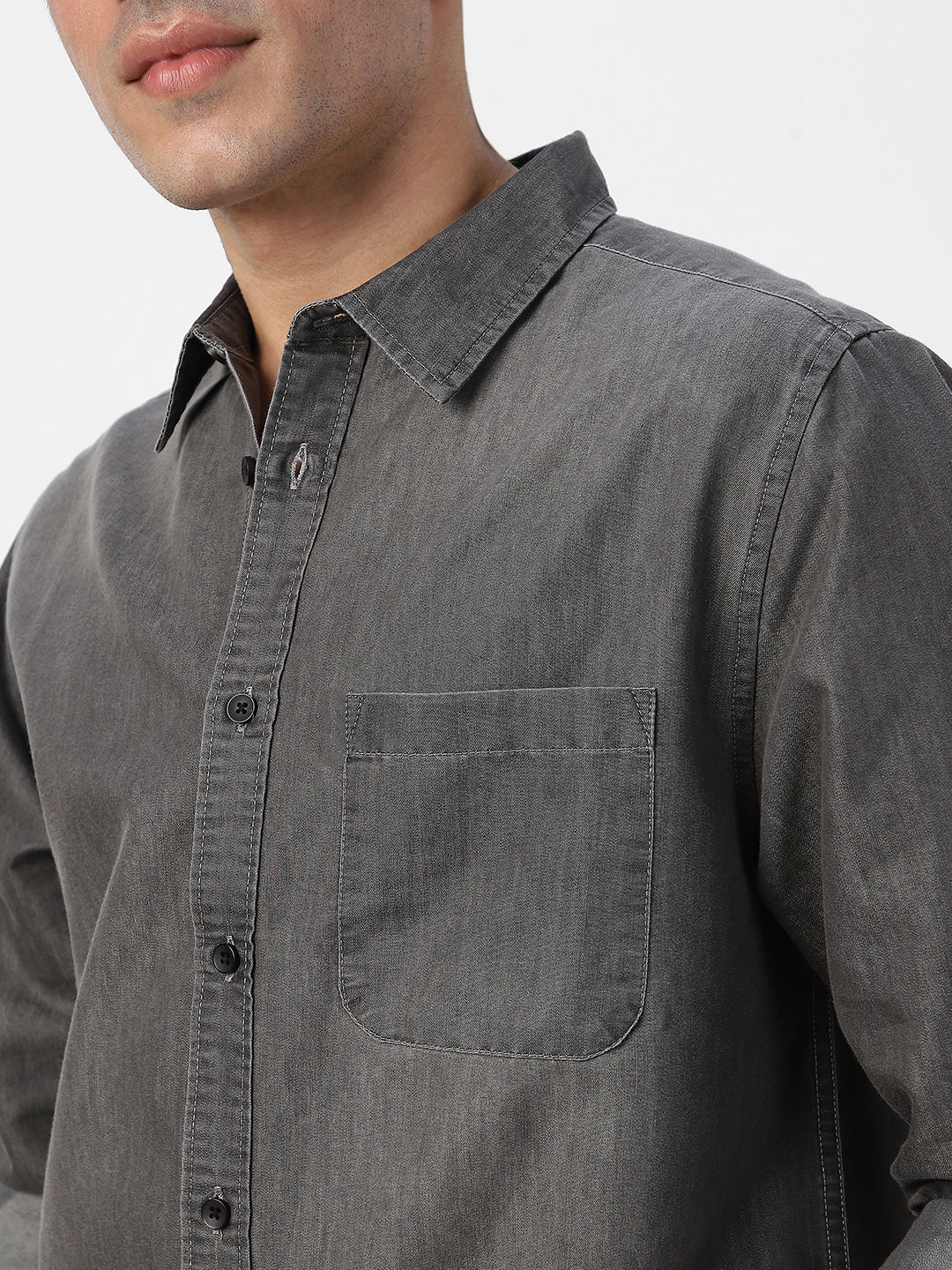 Men's Grey Full Sleeve Regular Fit Casual Denim Shirt