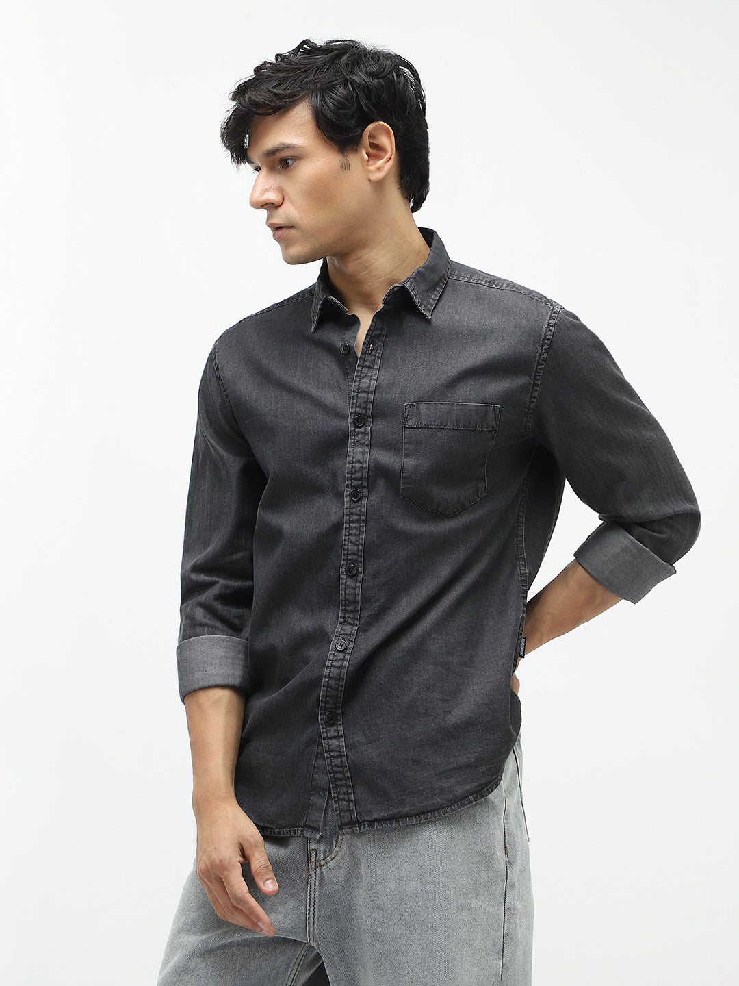 Men's Black Regular Fit Full Sleeve Washed Denim Shirt