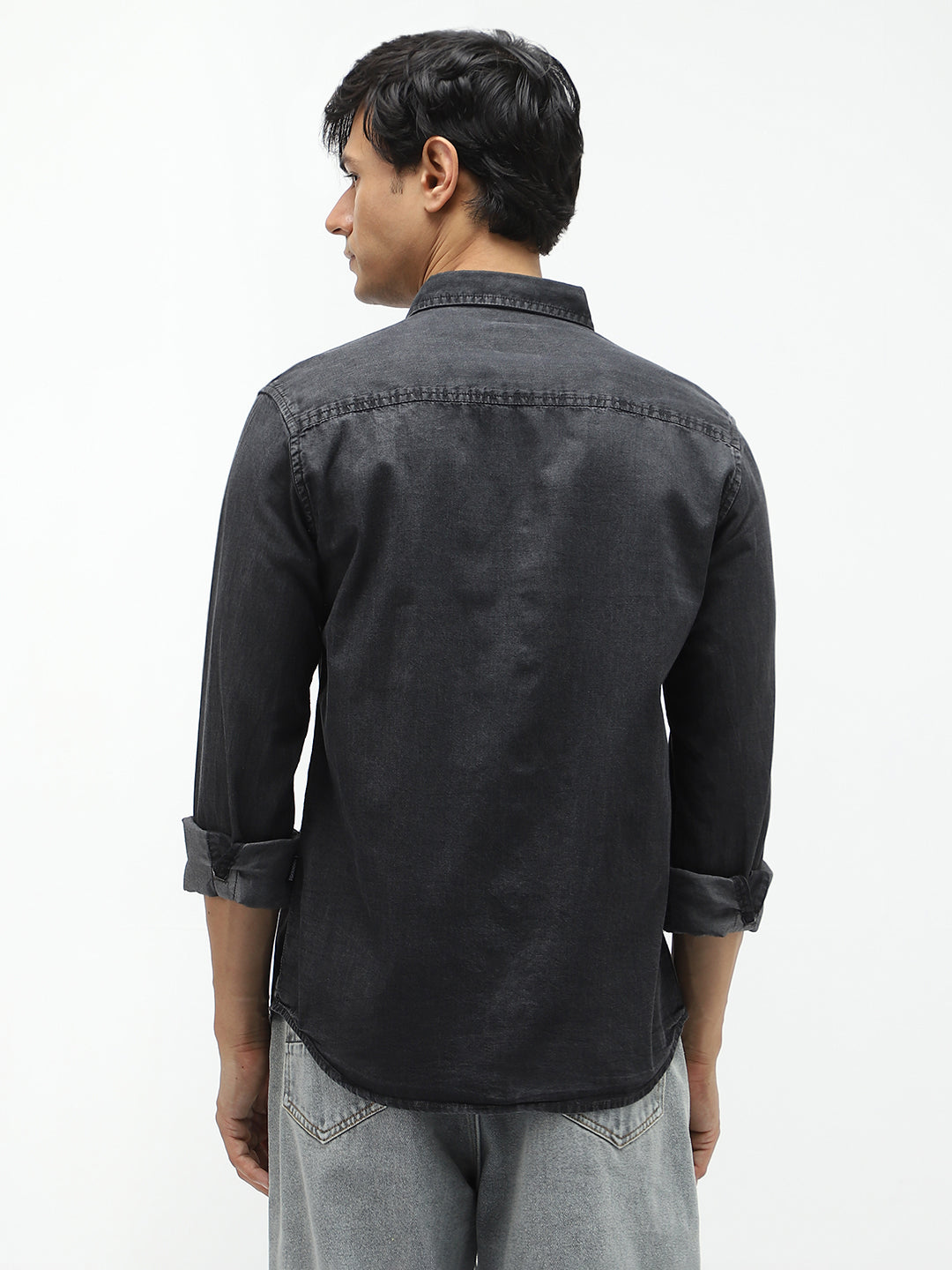 Men's Black Regular Fit Full Sleeve Washed Denim Shirt