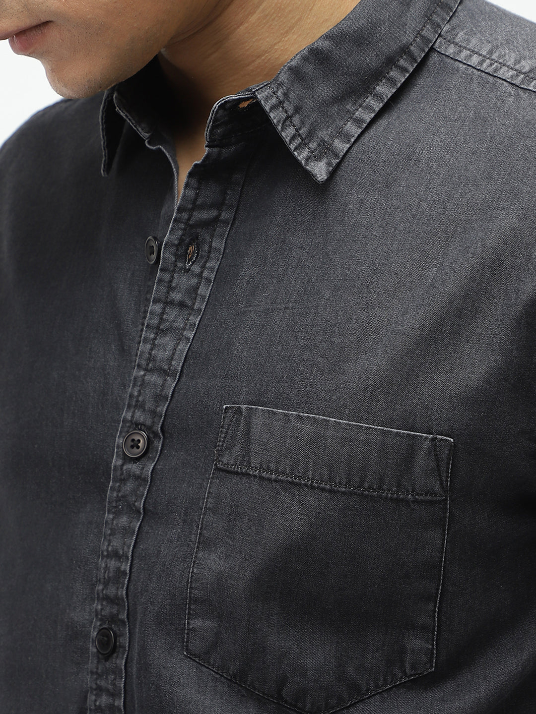 Men's Black Regular Fit Full Sleeve Washed Denim Shirt