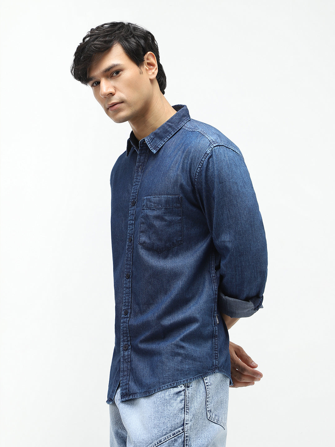 Men's Dark Blue Regular Fit Full Sleeve Washed Denim Shirt