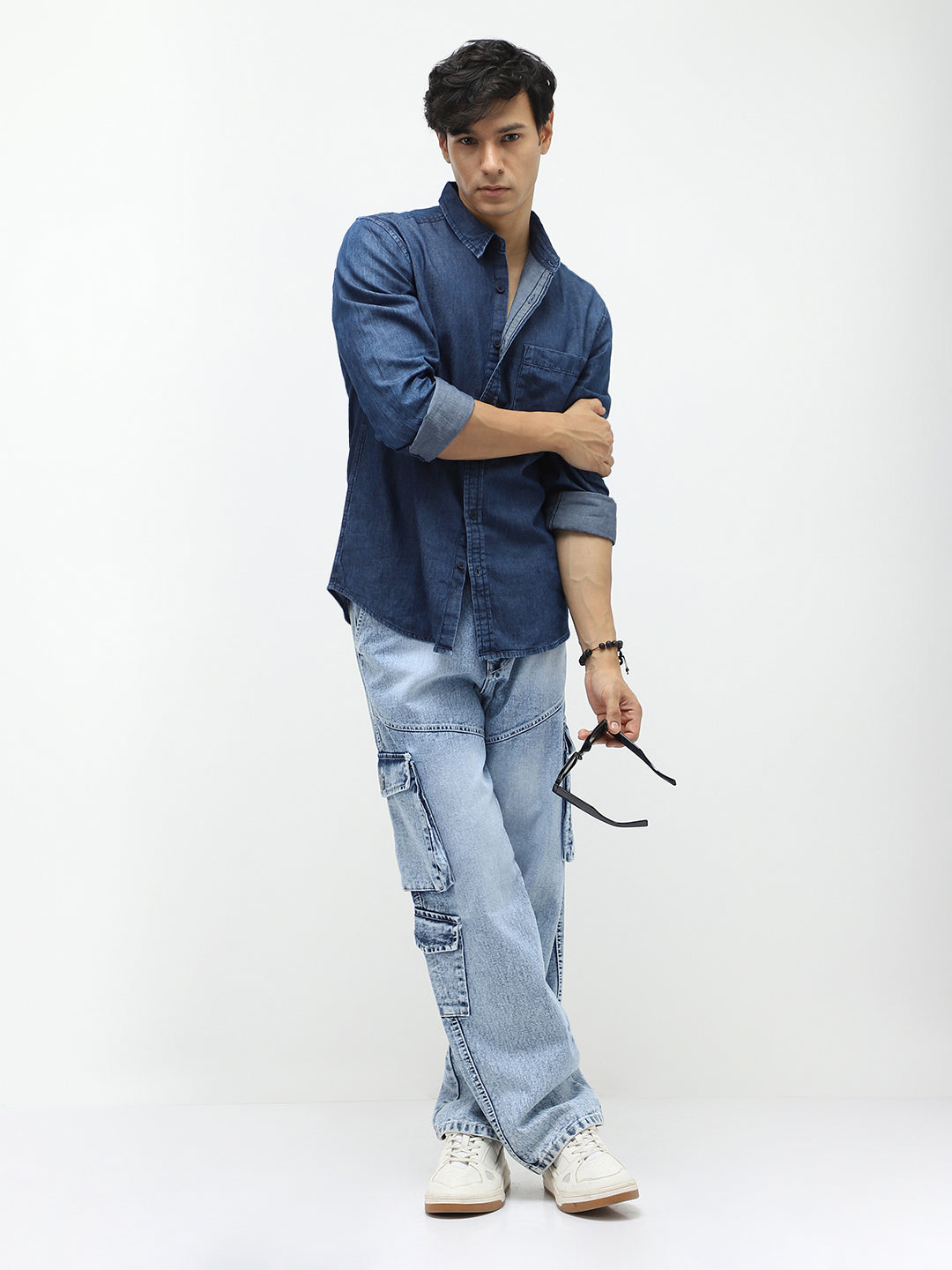 Men's Dark Blue Regular Fit Full Sleeve Washed Denim Shirt