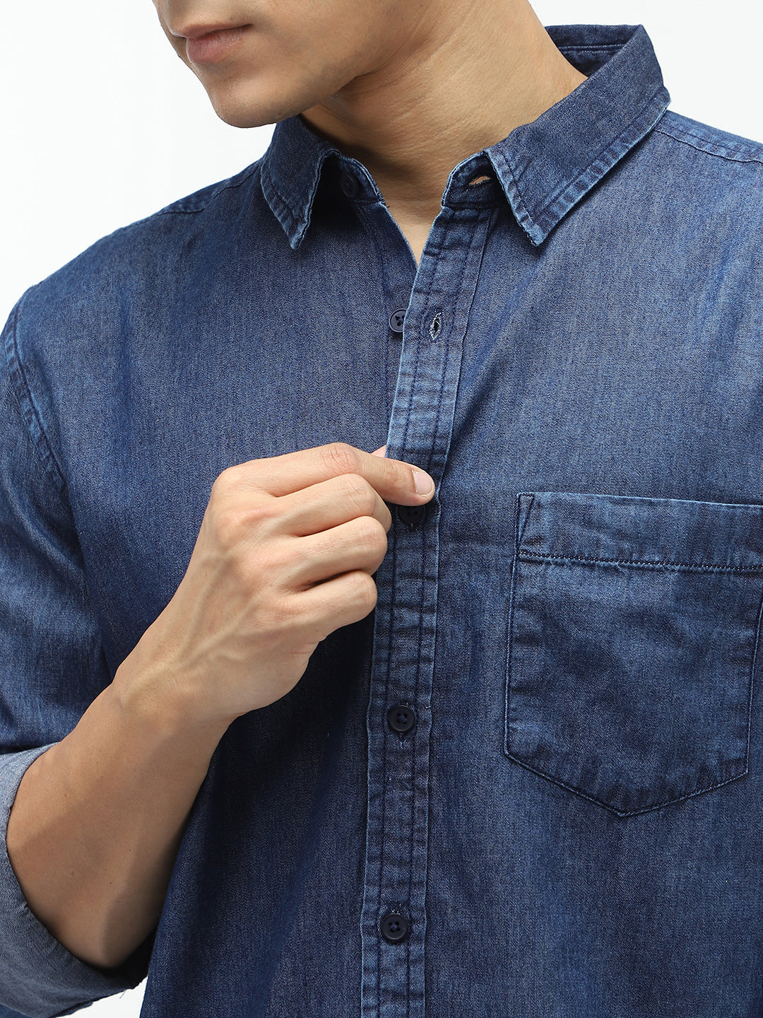 Men's Dark Blue Regular Fit Full Sleeve Washed Denim Shirt