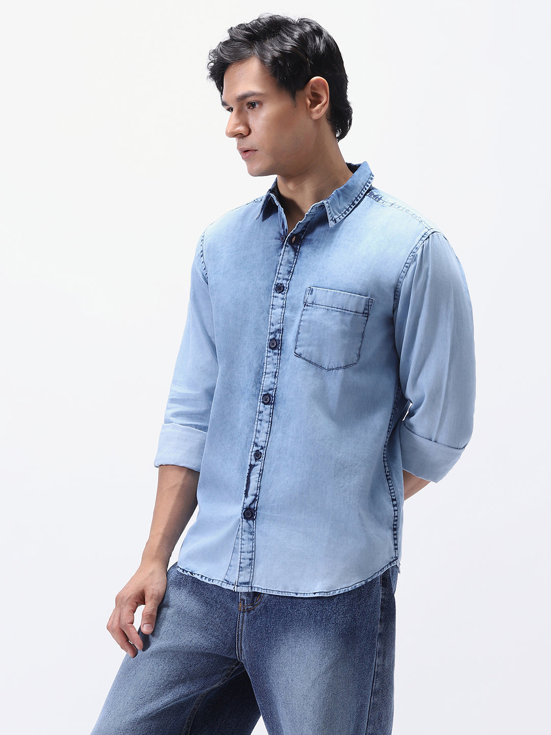 Men's Ice Blue Regular Fit Full Sleeve Washed Denim Shirt