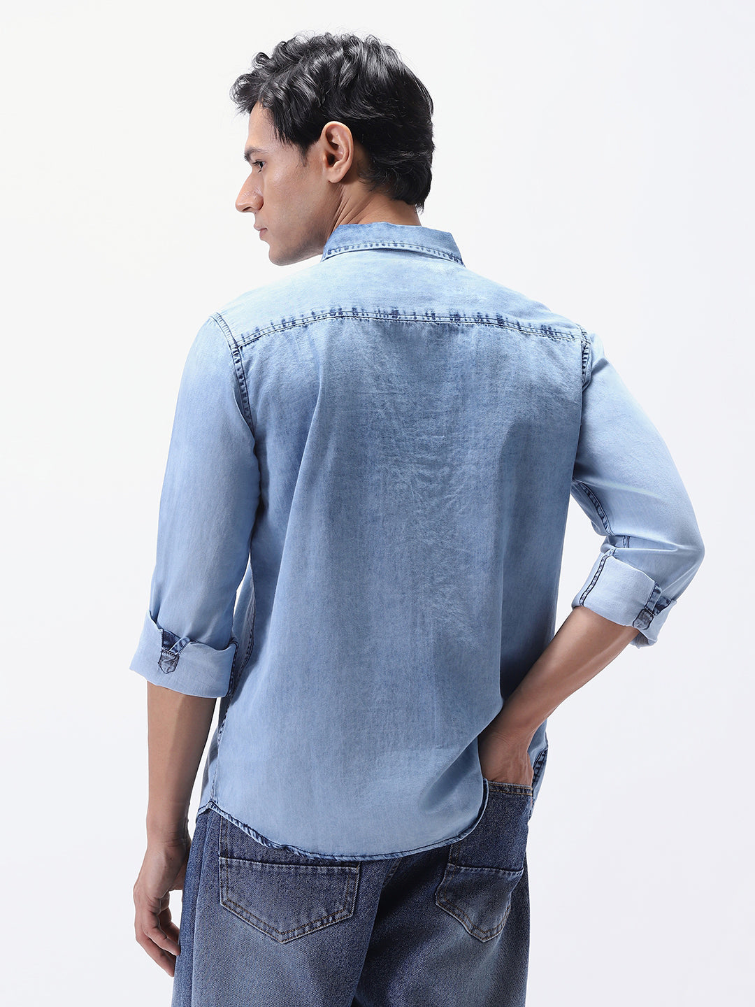 Men's Ice Blue Regular Fit Full Sleeve Washed Denim Shirt